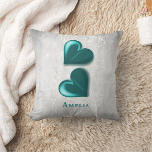 Teal Hearts Personalized Throw Pillow