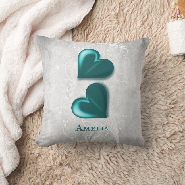 Teal Hearts Personalized Throw Pillow (Blanket)