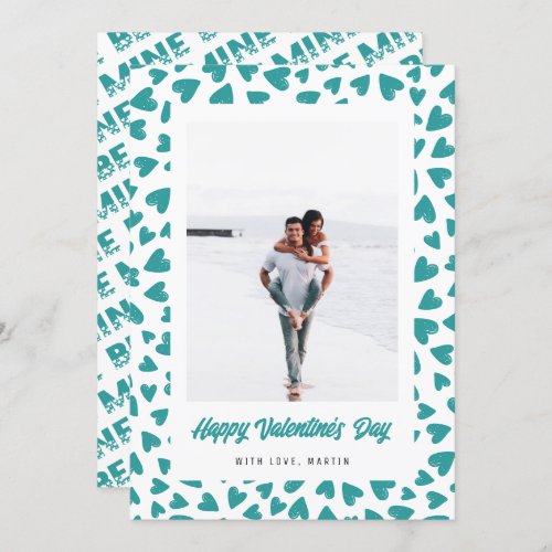 Teal Hearts Photo Be Mine Valentines Day Card
