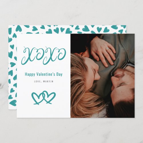 Teal Hearts XOXO Photo Valentines Day Card