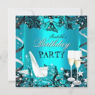 Teal High Heel Champagne Black Lace Birthday Party Invitation