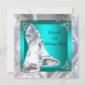 Teal High Heel Shoes Silver Birthday Party Invitation