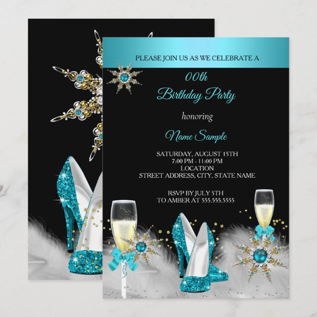 Teal High Heels Black Gold Champagne Party Invitation (Front/Back)