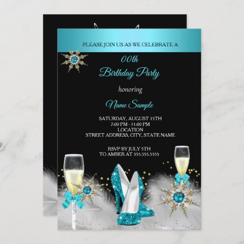Teal High Heels Black Gold Champagne Party Invitation