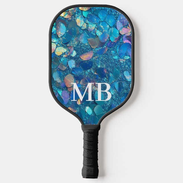 Teal Holographic Glitter Sparkle Glam Monogram Carbon Fiber Pickleball Paddle (Back)