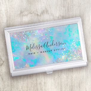 Teal Holographic Glitter Stone Business Card Case