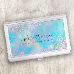Teal Holographic Glitter Stone Business Card Case