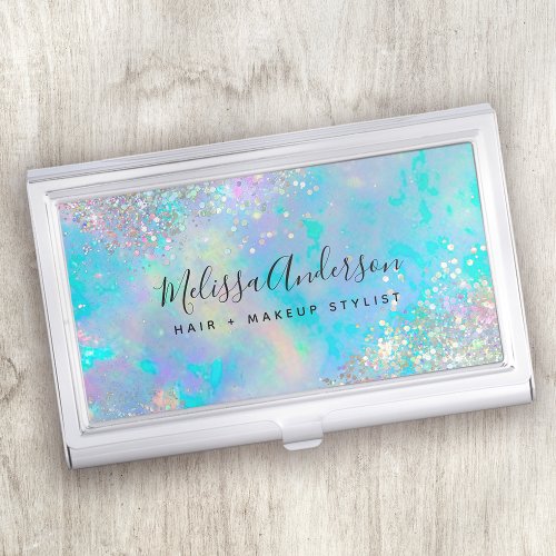 Teal Holographic Glitter Stone Business Card Case