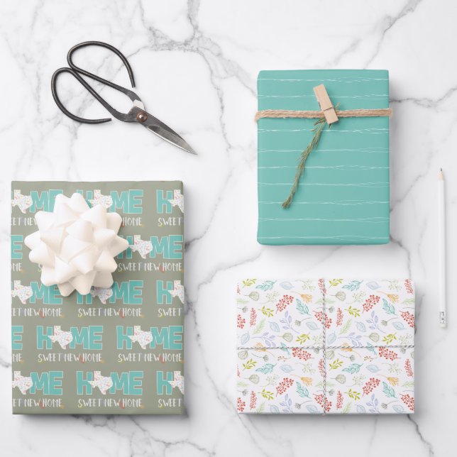 Teal Home, Sweet New Home - Texas Wrapping Paper Sheets (Front)