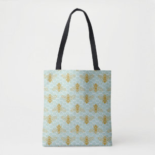 Teal Honeycomb Golden Bees Tote Bag