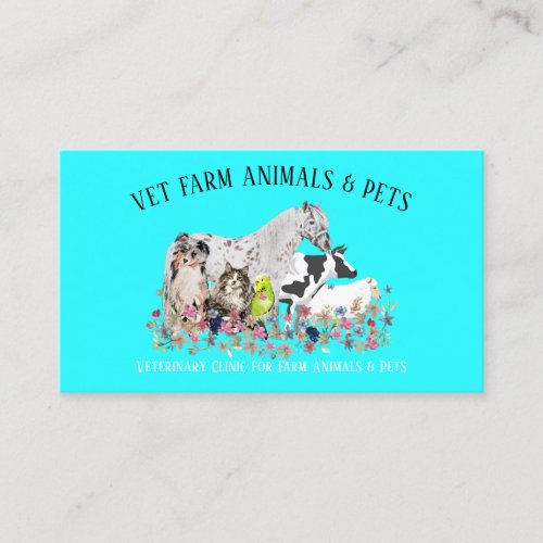 Teal Horse Cow Sheep Dog Cat Bird Veterinary Business Card