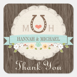 TEAL HORSESHOE HEART WESTERN WEDDING THANK YOU SQUARE STICKER