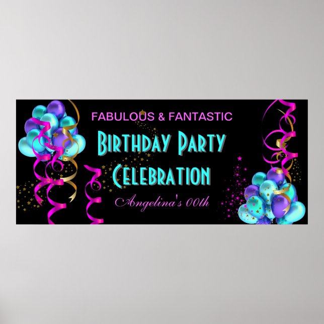 TEAL HOT PINK Banner Birthday Party Celebration Poster (Front)
