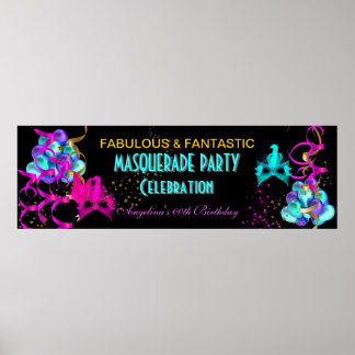 TEAL HOT PINK Banner MASQUERADE Birthday Party Poster