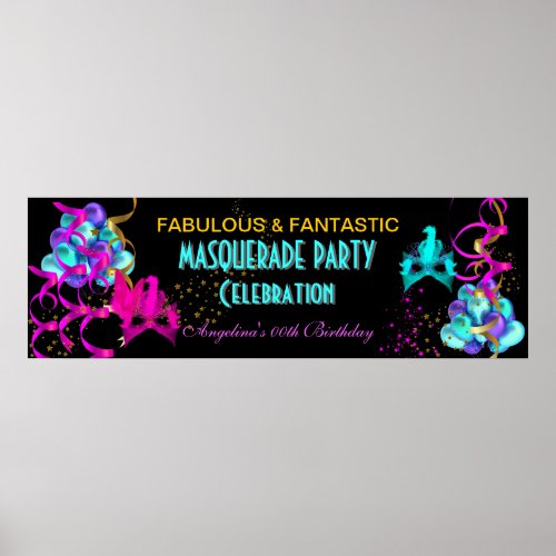 TEAL HOT PINK Banner MASQUERADE Birthday Party Poster