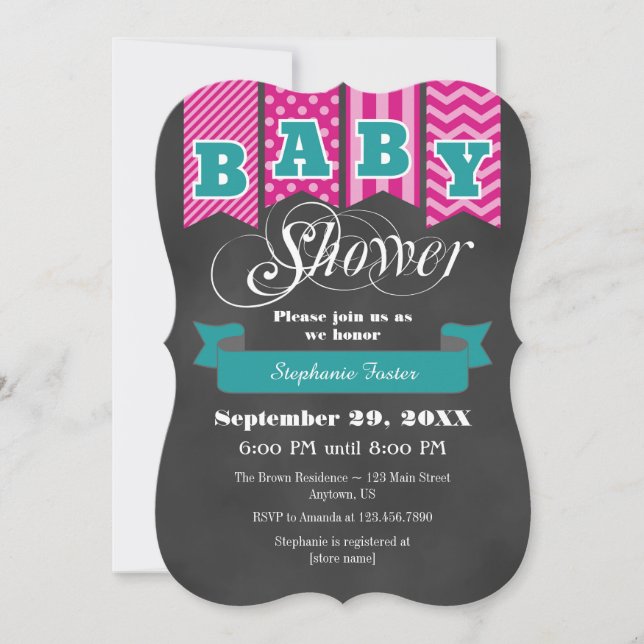 Teal Hot Pink Chalkboard Flag Baby Shower Invite (Front)