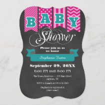 Teal Hot Pink Chalkboard Flag Baby Shower Invite