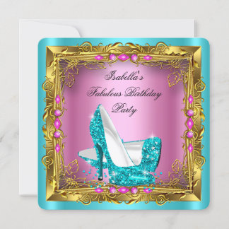 Teal Hot Pink Glitter High Heels Birthday Party Invitation