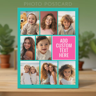 Teal Hot Pink Instagram 8 Photo Collage and Text Postcard