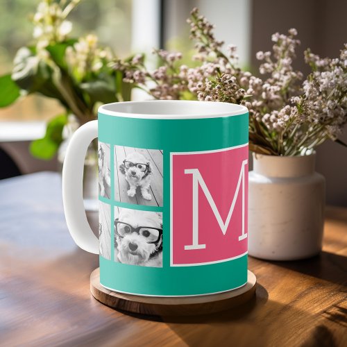 Teal  Hot Pink Instagram 8 Photo Collage Monogram Coffee Mug