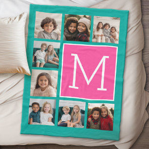 Teal Hot Pink Instagram 8 Photo Collage Monogram Fleece Blanket