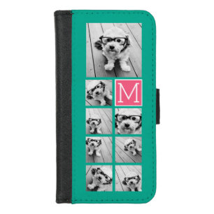 Teal & Hot Pink Instagram 8 Photo Collage Monogram iPhone 8/7 Wallet Case