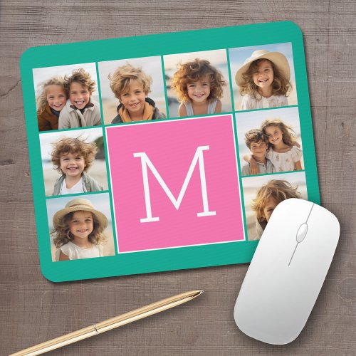 Teal  Hot Pink Instagram 8 Photo Collage Monogram Mouse Pad