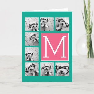 Teal & Hot Pink Instagram 8 Photo Collage Monogram Note Card
