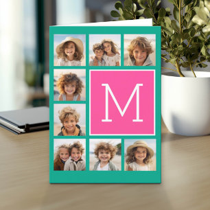 Teal & Hot Pink Instagram 8 Photo Collage Monogram Note Card