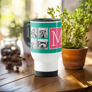 Teal & Hot Pink Instagram 8 Photo Collage Monogram Travel Mug