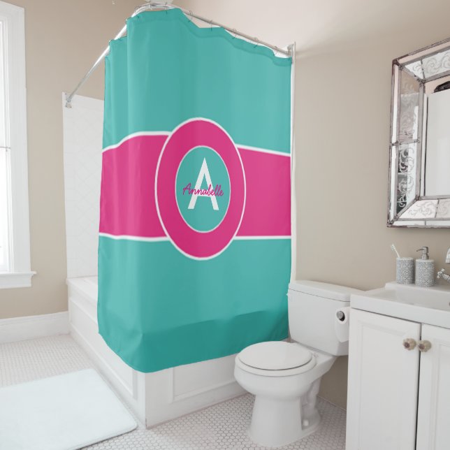Teal Hot Pink Monogram Personalized Shower Curtain (In Situ)