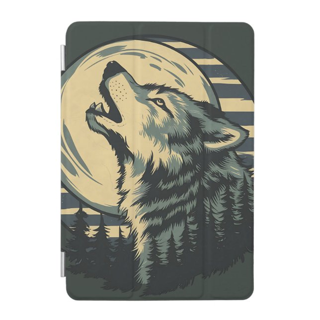 Teal Howling Wolf Moon Art iPad Mini Cover (Front)