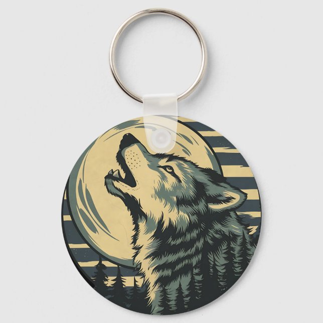 Teal Howling Wolf Moon Art Keychain (Front)