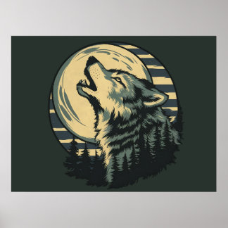 Teal Howling Wolf Moon Art Poster