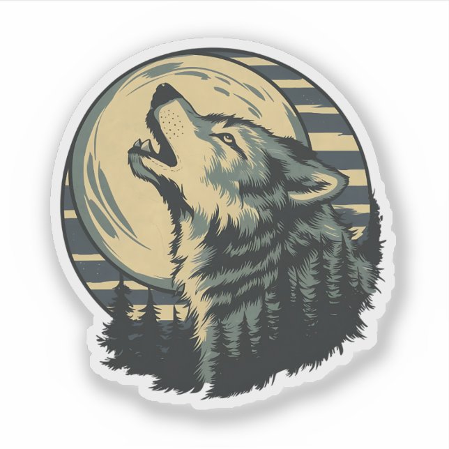 Teal Howling Wolf Moon Art Sticker (Front)