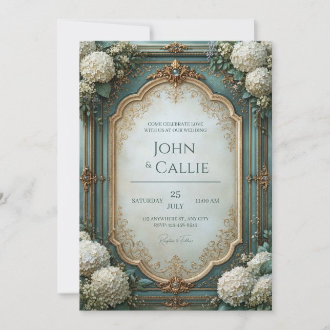 Teal Hydrangea Baroque Wedding Invitation (Front)