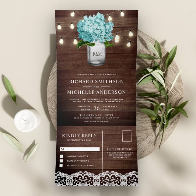 Teal Hydrangea Mason Jar String Lights Wedding Tri-Fold Invitation (Creator Uploaded)
