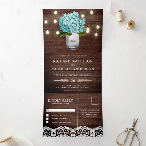 Teal Hydrangea Mason Jar String Lights Wedding Tri_Fold Invitation