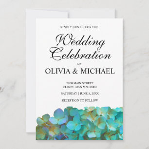 Teal hydrangeas, tea blue purple flowers invitation