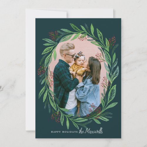  Teal Illustrated Holiday Wreath Photo Frame Invitation