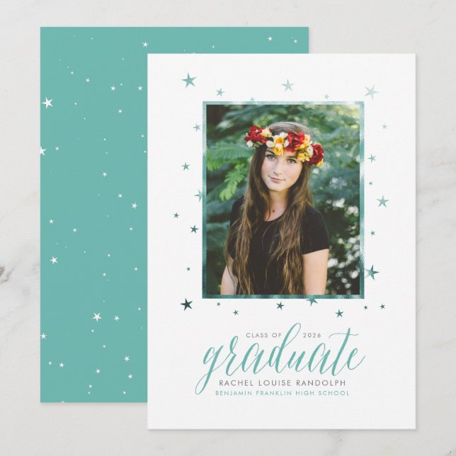 Teal In the Stars Photo Graduation Announcement (Front/Back)