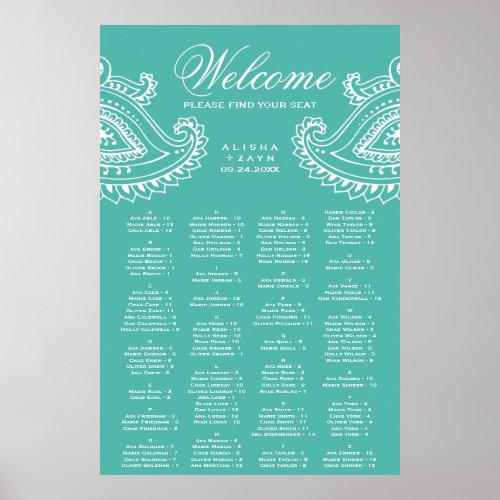 Teal Indian Paisley Alphabetical Seating Chart