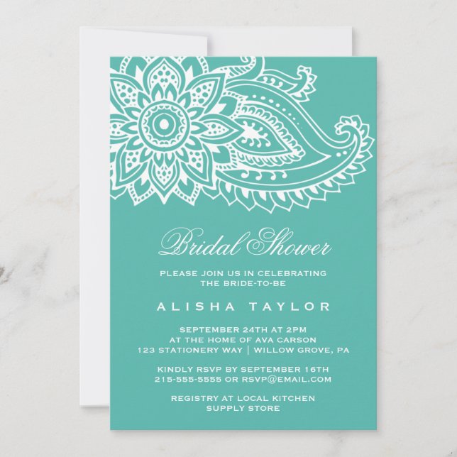 Teal Indian Paisley Bridal Shower Invitation (Front)