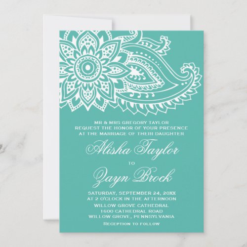 Teal Indian Paisley Formal Wedding Invitation