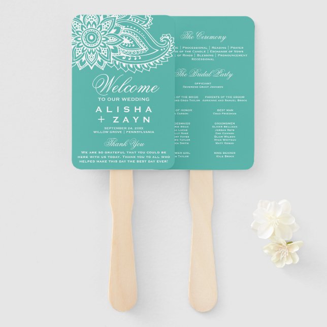 Teal Indian Paisley Wedding Program Hand Fan (Front and Back)