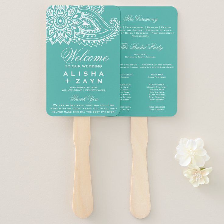 Teal Indian Paisley Wedding Program Hand Fan | Zazzle