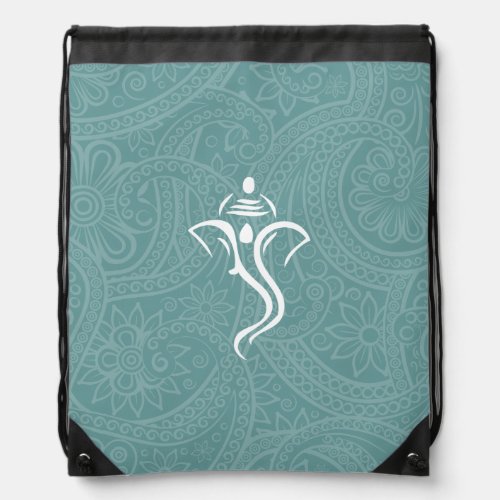 Teal Indian Swirl  Ganesha Drawstring Bag