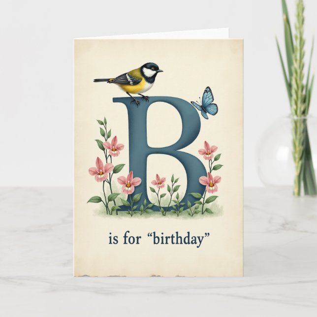 Teal Initial Birthday Bird Card (Front)