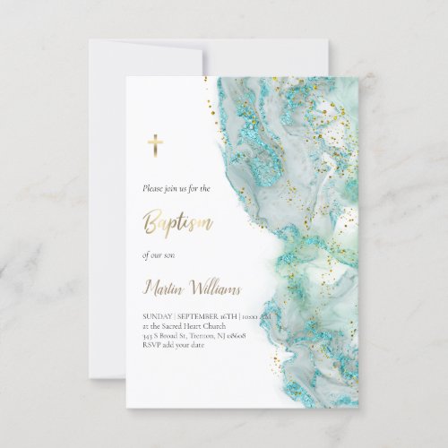 teal ink and FAUX glitter  Baptism Invitation