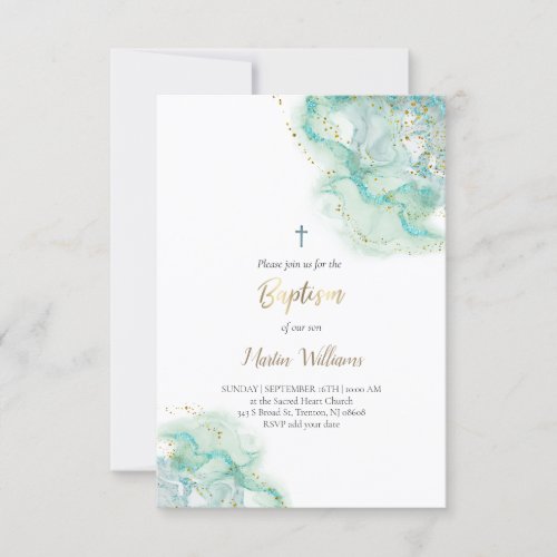 teal ink and FAUX glitter  Baptism Invitation